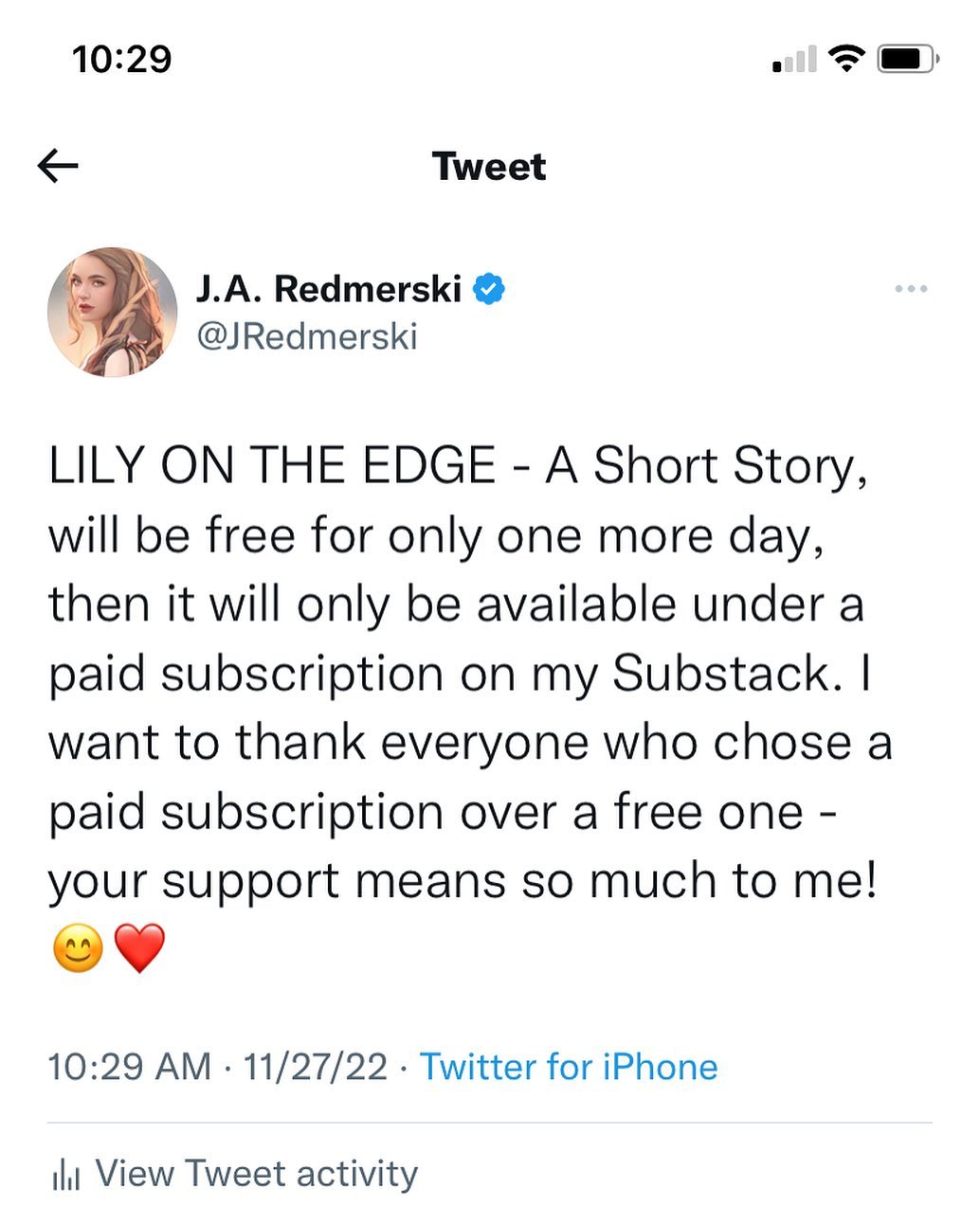 LILY ON THE EDGE - A Short Story, will be free for only one more day, then it will only be available under a paid subscription on my Substack. I want to thank everyone who chose a paid subscription over a free one - your support means so much to me! 😊❤️